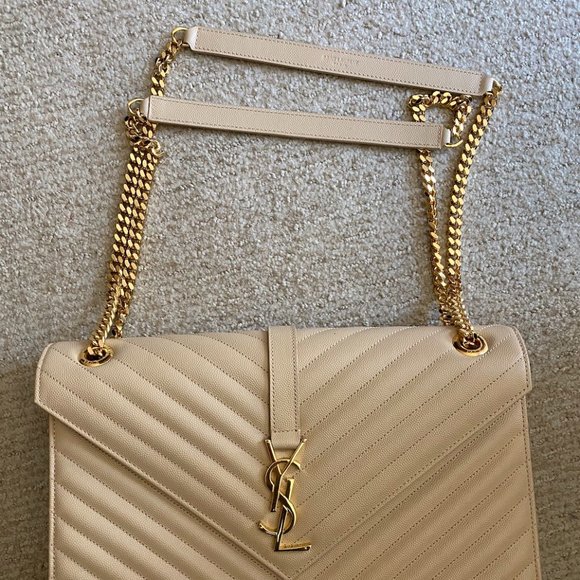 Saint Laurent YSL Beige Chevron & Gold Large Envelope Shoulder Bag, NEW Giftable - Picture 2 of 11